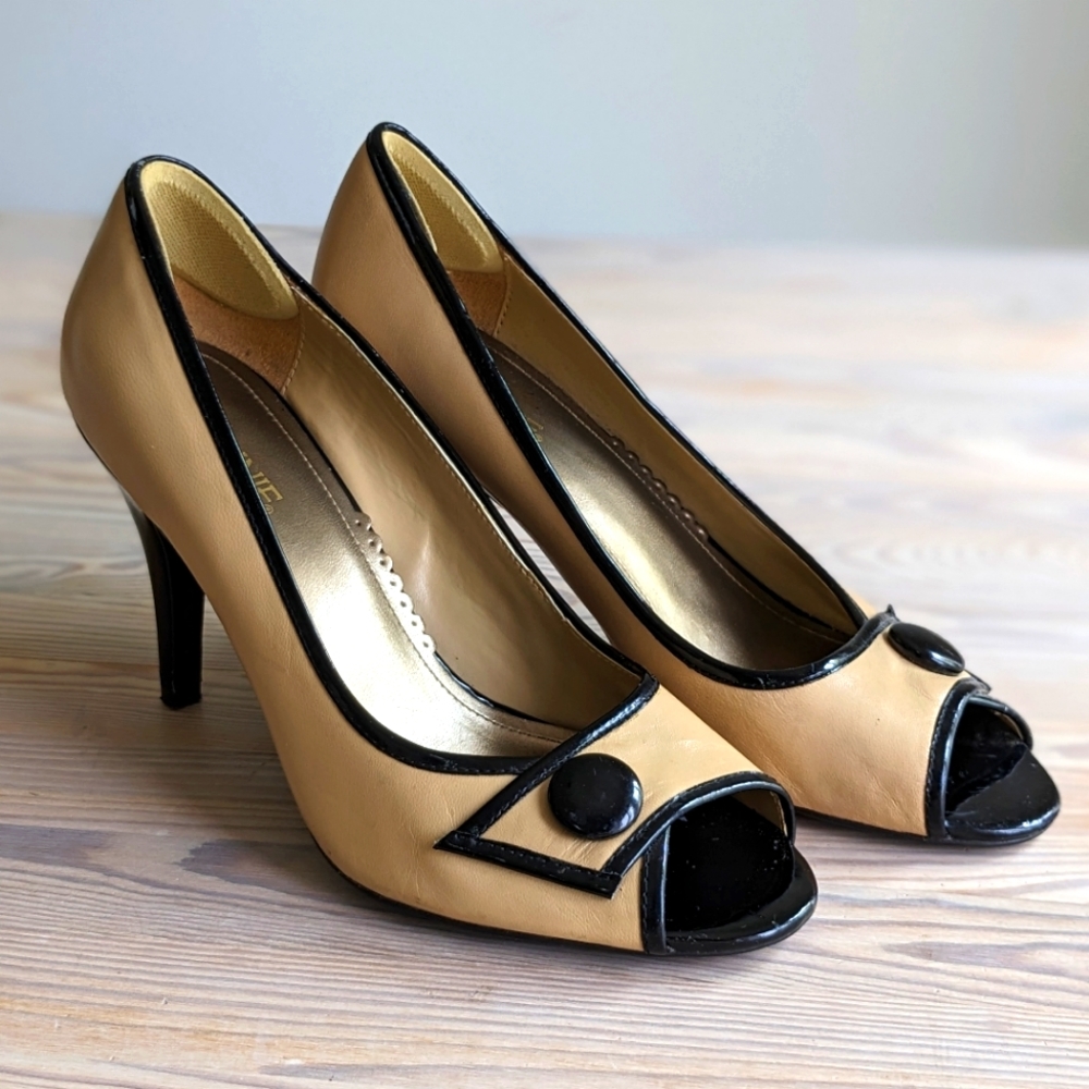 Connie Beige and Black Peep Toe Pumps